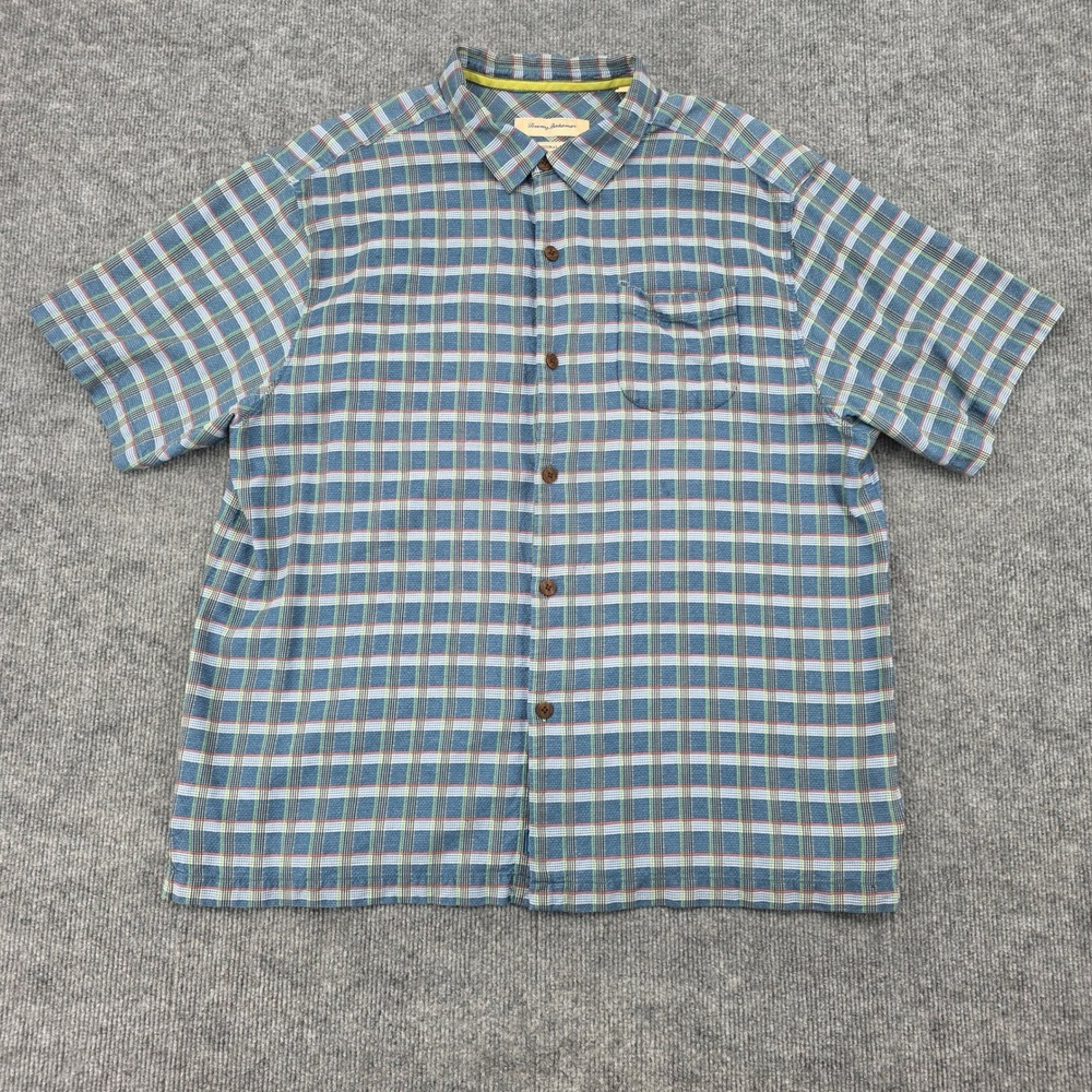 Tommy Bahama Mens XL Blue Plaid 100% Silk Short Sleeve Button Down Shirt